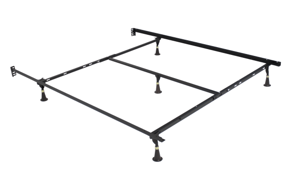 Black steel Twin/Full/Queen bed frame with adjustable legs and center support bars, designed for durable, sturdy mattress support.