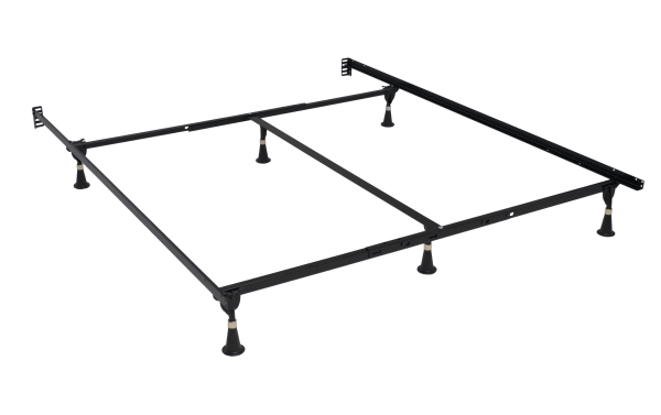 Universal Bed Frame in black steel with adjustable metal rails and six sturdy legs, designed for durable, stable mattress support.