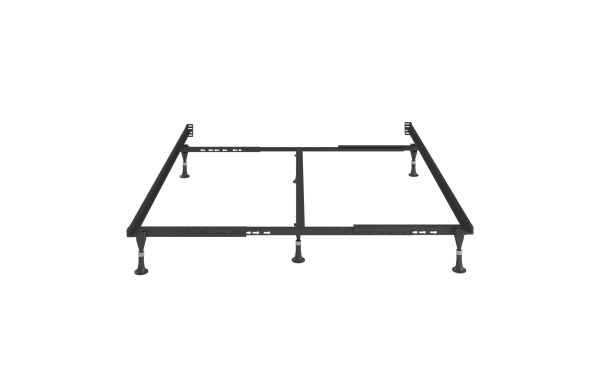 Universal Bed Frame in black steel with adjustable legs and reinforced center support, designed for durable, stable mattress foundation.