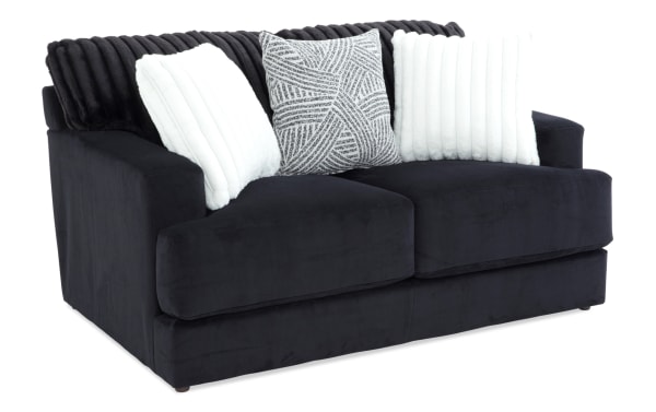 Sofia Black 70'' Loveseat in black polyester fabric from the contemporary Sofia collection, featuring channel tufted back cushions, plush memory foam seat, and decorative accent pillows.