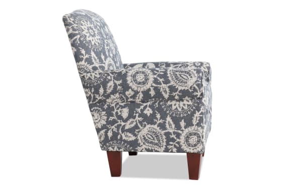 Transitional Portland Gray Floral Accent Chair with gray polyester fabric upholstery, Bob-O-Pedic memory foam cushioning, and wooden legs.