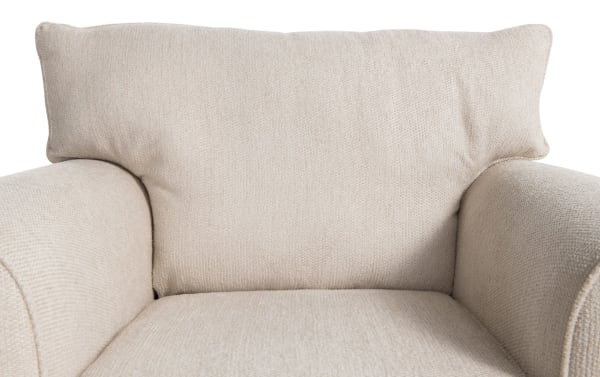 Transitional Portland Beige Chair upholstered in soft polyester fabric with plush memory foam cushioning, featuring wide armrests and a supportive back pillow.
