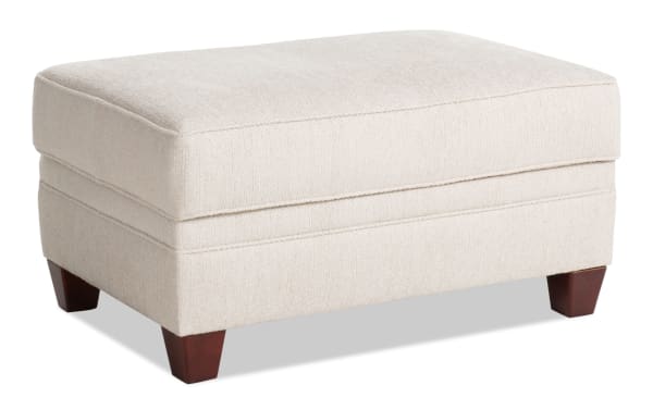 Beige Portland storage ottoman with soft polyester fabric upholstery, transitional style, and wooden tapered legs for versatile living spaces.