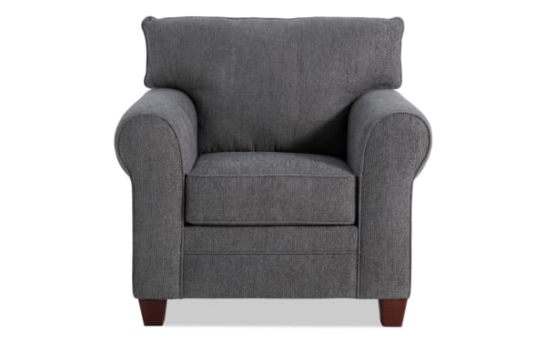 Transitional Portland Gray Chair upholstered in soft gray polyester fabric with memory foam cushioning, featuring rolled arms and wooden legs.