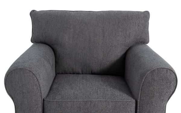 Transitional Portland Gray Chair upholstered in soft gray polyester fabric with memory foam cushioning, featuring wide padded arms and a plush backrest.