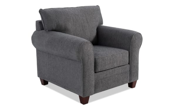 Portland Gray Chair in transitional style with soft gray polyester fabric upholstery, memory foam cushion, and dark wood tapered legs for comfort and durability.