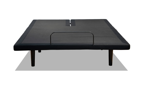 Power Bob Elite Split Head King Adjustable Base in black fabric with metal legs and center split, featuring a front bed rail for mattress support.