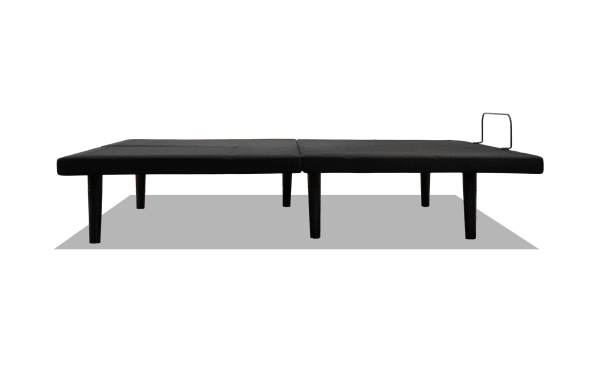 Power Bob Elite Split Head King Adjustable Base in black fabric with sturdy legs, featuring wireless remote control and LED underbed lighting for customizable comfort and tech convenience.