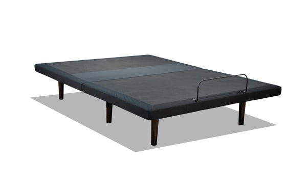 Power Bob Ultra Queen Adjustable Base in black fabric with sturdy legs, featuring a metal safety rail for mattress support, designed for customizable comfort and advanced sleep technology.