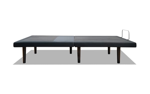 Power Bob Ultra Queen Adjustable Base in black fabric with sturdy legs, featuring adjustable head, foot, lumbar support, and pillow tilt for customizable comfort.