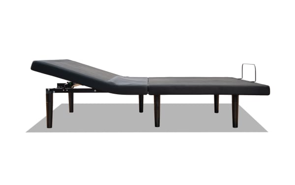 Power Bob Ultra Queen Adjustable Base in black fabric with adjustable head and foot sections, dark tapered legs, and a metal bed retainer bar, featuring ergonomic design for customizable comfort and support.