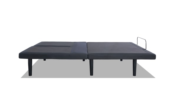 Power Bob Ultra Split Head Queen Adjustable Base in black fabric with split design, adjustable head and foot sections, and sturdy black legs.