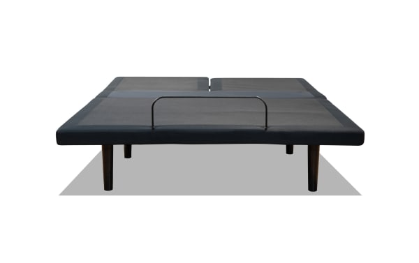 Power Bob Ultra Split Head Queen Adjustable Base in black fabric with sturdy legs, featuring split head design and center bed rail for mattress support.