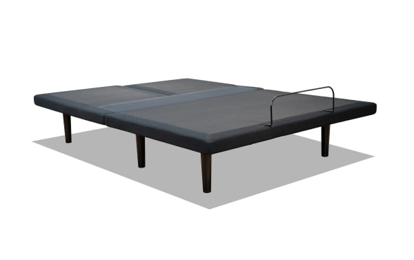 Power Bob Ultra Split Head King Adjustable Base in black fabric with sturdy black legs, featuring a metal foot bar and split design for customizable comfort.