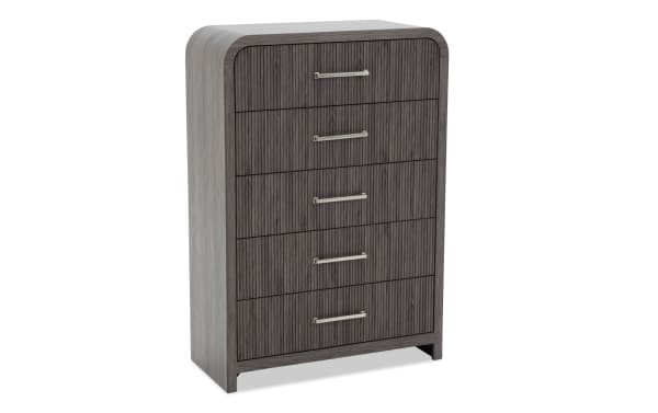 Modern five-drawer chest in gray wood finish with rounded edges and horizontal metal handles, ideal for bedroom storage.