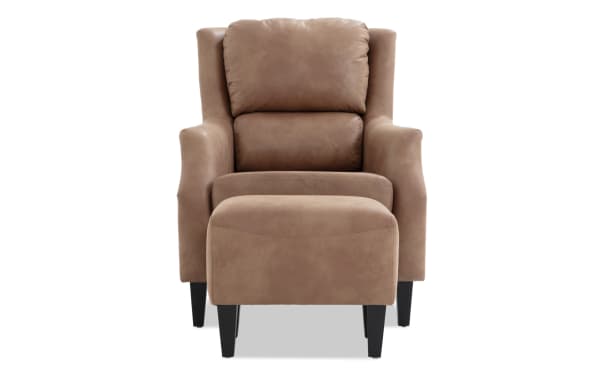 Riley Cognac Accent Chair & Ottoman set in brown polyester fabric with transitional style, featuring plush memory foam cushions and tapered black legs.