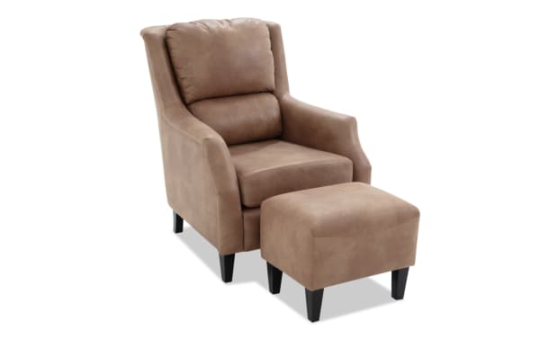 Riley Cognac Accent Chair & Ottoman set in brown polyester fabric with transitional style, featuring memory foam cushions and tapered black legs for comfort and modern appeal.