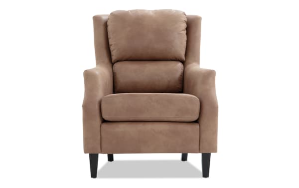 Transitional Riley Cognac Accent Chair in brown polyester fabric with plush memory foam cushions and tapered black wooden legs for modern comfort.
