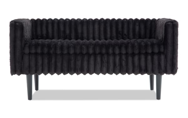 Modern black velvet sofa with ribbed texture, square arms, and tapered black legs, suitable for stylish living room seating.