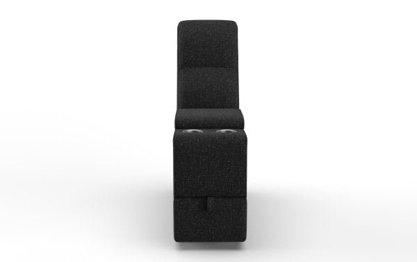 Black fabric reclining theater chair with built-in cup holders and cushioned backrest, designed for home entertainment comfort.