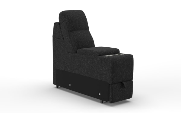 Black fabric theater seat with padded backrest, armrest with dual cup holders, and metal legs, designed for home cinema comfort.