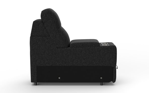 Black fabric reclining theater chair with cushioned backrest, padded armrest featuring dual cup holders, and sturdy metal legs.