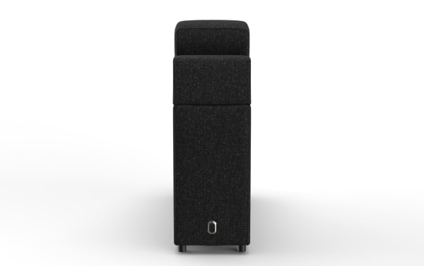 Black fabric upholstered rectangular speaker with a textured surface, compact design, and small feet for stability, shown from the front.