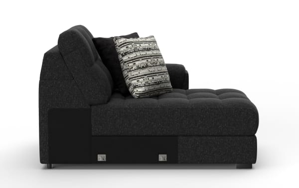 Modern black fabric sofa with tufted cushions, two decorative pillows, and a sleek low-profile design, ideal for contemporary living rooms.