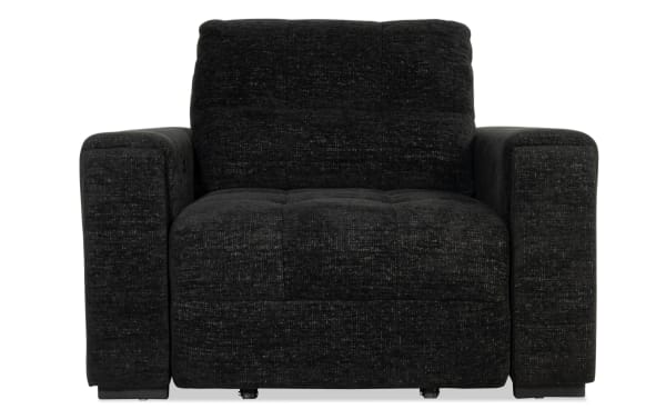 Slider Bob Black Power Sliding Chair in black polyester fabric with transitional style, featuring plush cushioning and wide armrests.