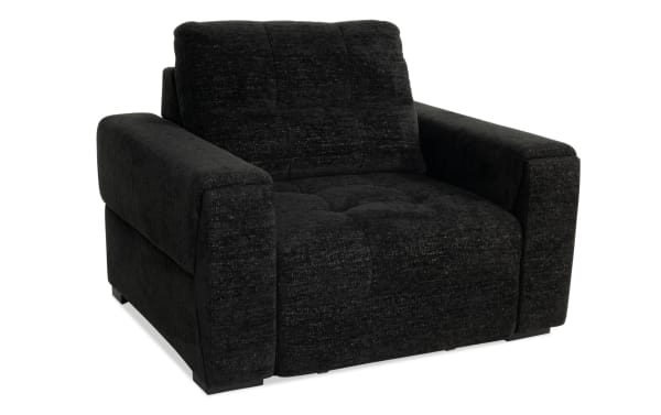Slider Bob Black Power Sliding Chair in black polyester fabric with plush cushioning, wide armrests, and transitional style for ultimate comfort.