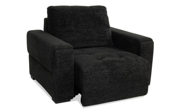 Slider Bob Black Power Sliding Chair in black polyester fabric with plush cushioning, USB & USB-C ports, cup holders, and transitional style.