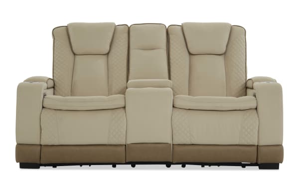 Altitude Beige 77'' Power Reclining Console Loveseat in brown polyester fabric with contemporary style, memory foam cushions, USB ports, cup holders, and storage.