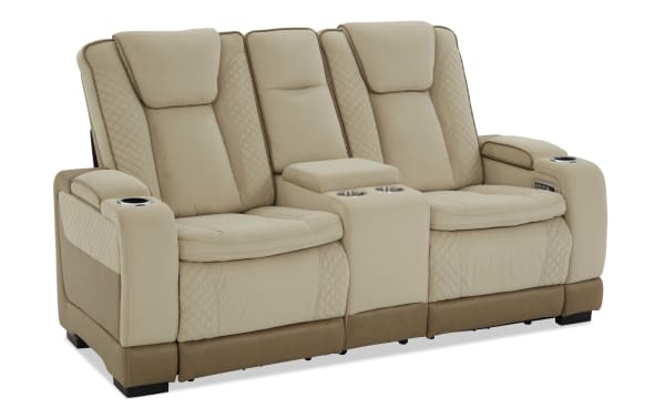 Altitude Beige 77'' power reclining console loveseat in brown polyester fabric with memory foam cushions, USB ports, cup holders, and contemporary style.