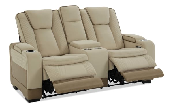 Altitude Beige 77'' power reclining console loveseat in brown polyester fabric, contemporary style with memory foam cushions, USB ports, cup holders, and storage.