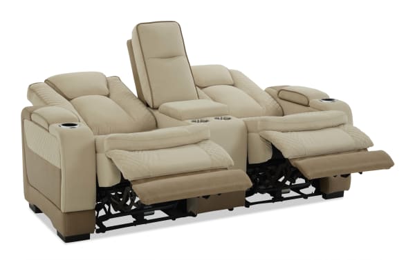 Altitude Beige 77'' power reclining console loveseat in brown polyester fabric, contemporary style with memory foam cushions, USB ports, storage, and cup holders.