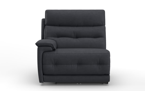 Dark gray upholstered single-seat recliner chair with cushioned armrest and tufted backrest, modern living room furniture.