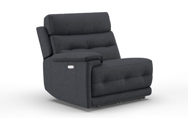 Dark gray leather recliner chair with plush cushioned backrest and armrest, featuring a side control panel for reclining function.