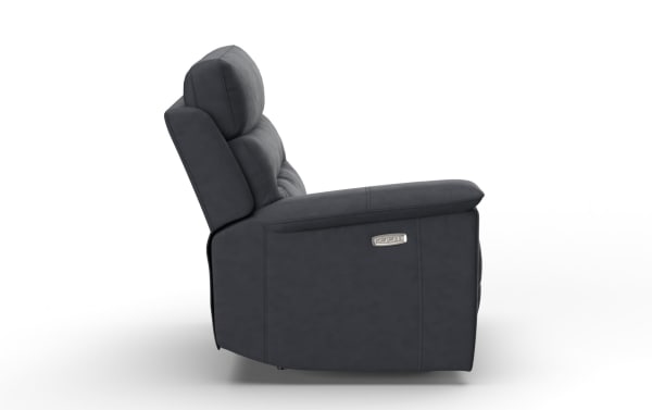 Dark gray leather power recliner chair with padded backrest, cushioned armrests, and side control panel for adjustable comfort.