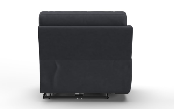 Dark gray leather recliner chair shown from the back, featuring smooth upholstery and a sturdy metal base mechanism.