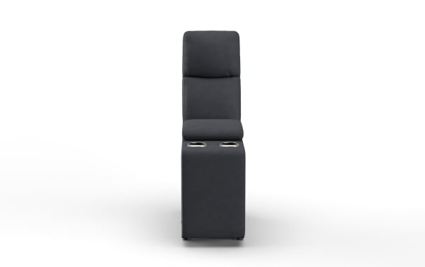 Modern black leather theater chair with high backrest and dual stainless steel cup holders, designed for home cinema seating.
