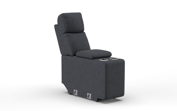 Dark gray upholstered theater seat with cushioned backrest, armrest with cup holders, and reclining mechanism, designed for home cinema comfort.
