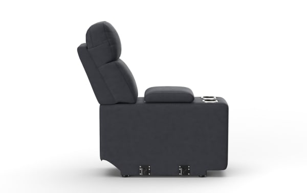 Dark gray upholstered reclining theater seat with cup holders and padded armrest, designed for home entertainment comfort.