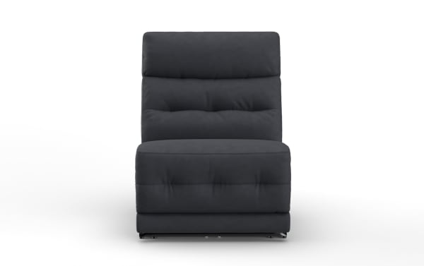 Dark gray upholstered armless accent chair with plush cushioning and tufted detailing, designed for modern living room comfort.