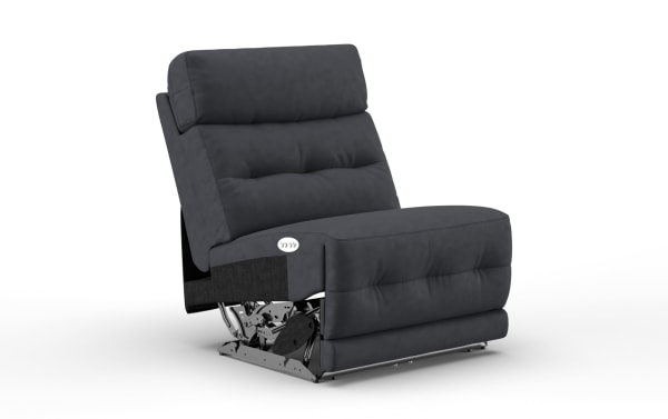 Dark gray upholstered power recliner chair with plush cushioning, metal reclining mechanism, and side control buttons for adjustable comfort.