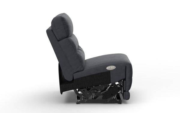 Dark gray upholstered reclining chair with visible metal reclining mechanism, cushioned backrest and seat, and side control buttons for adjustable comfort.