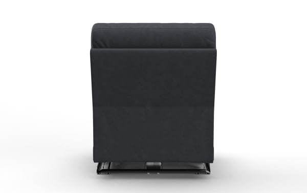 Black leather recliner chair shown from the back, featuring smooth upholstery and visible metal reclining mechanism base.