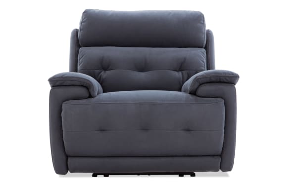Rumor Blue Power Recliner with Power Headrest in blue polyester fabric, featuring contemporary cushion arms and plush memory foam upholstery.