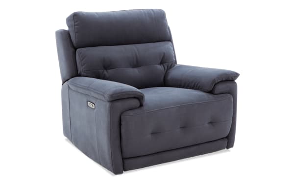 Rumor Blue Power Recliner with Power Headrest in blue polyester fabric, featuring contemporary cushion arms and ergonomic memory foam.