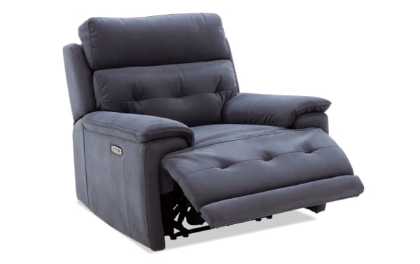 Contemporary Rumor Blue Power Recliner with power headrest, blue polyester fabric upholstery, cushioned arms, and USB ports, featuring Bob-O-Pedic Memory Foam.