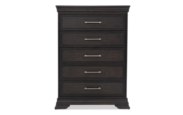 Traditional Avalon Espresso 5 Drawer Lift-Top Chest in dark rubberwood solids and veneers with metal handles, featuring soft-close drawers and classic molding.